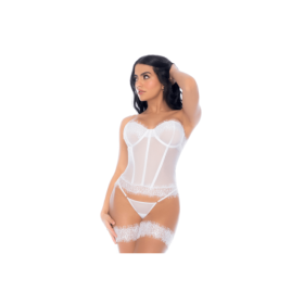 Ensemble 4 pièces blanc, bustier, string et 2 jarretières 